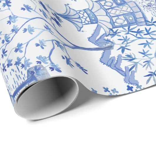 Pagoden-Wald im Blau auf Weiß Geschenkpapier (Rolleneckpunkt)