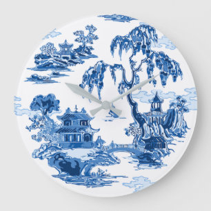 Pagodengarten in blauem Porzellan Große Wanduhr