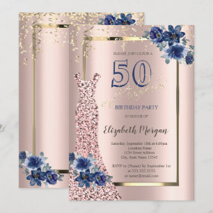 Paillettenkleid Roségold, Blaue Blumen 50. Einladung