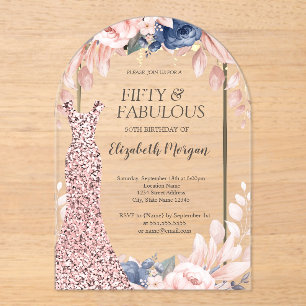 Paillettenkleid Roségold Floral 50. Geburtstag Acryleinladungen