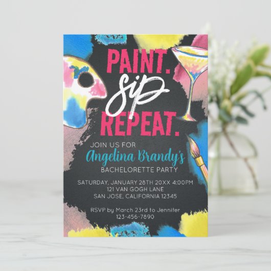 Paint and Sip Chalkboard Bachelorette Art Party Einladung (Stehend Vorderseite)