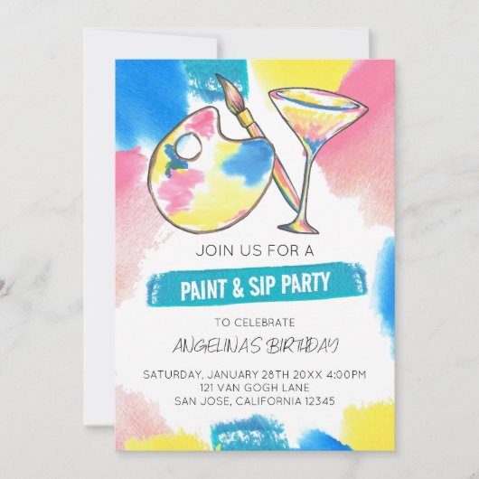 Paint and Sip Painting and Wine Birthday Party Einladung (Vorderseite)