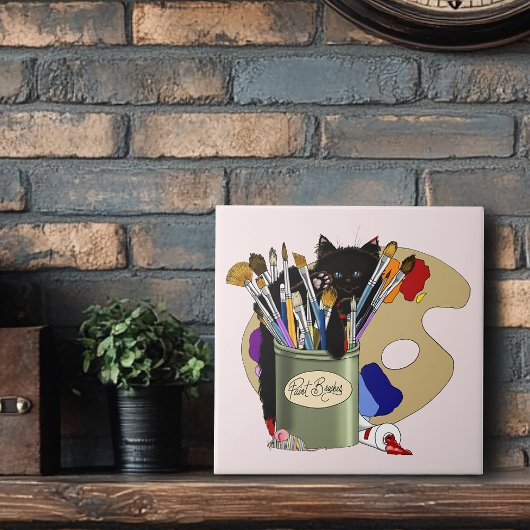 Paint Brushes Pallet Black Kitten Artist Fliese