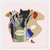 Paint Brushes Pallet Black Kitten Artist Quadratischer Aufkleber (Vorderseite)