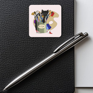 Paint Brushes Pallet Black Kitten Artist Quadratischer Aufkleber