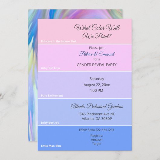 Paint Chip Geschlecht offenbaren rosa blaue Einlad Einladung (Vorne/Hinten)