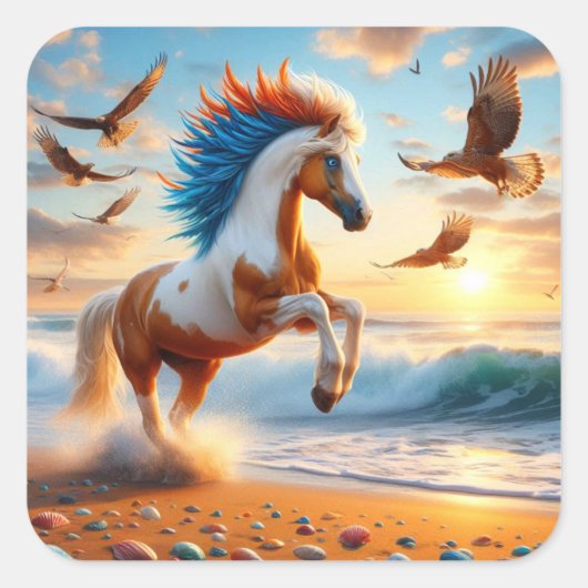 Paint Horse Hawks Ocean Quadratischer Aufkleber (Vorderseite)