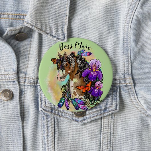 Paint Horse Mustang mit Iris und Schmetterlingen Button (Beispiel)