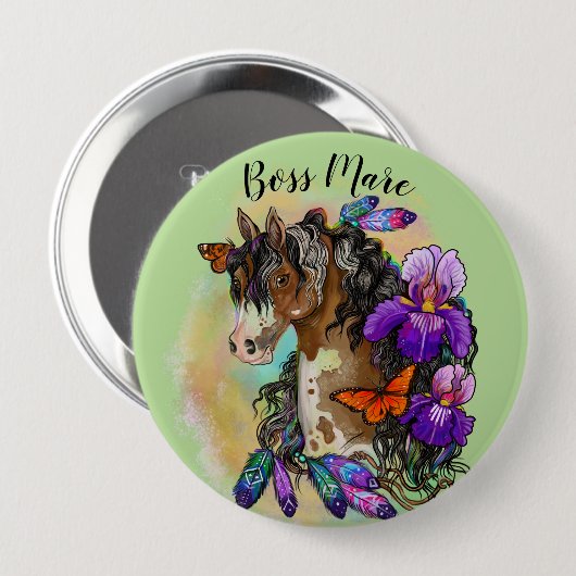 Paint Horse Mustang mit Iris und Schmetterlingen Button (Vorne & Hinten)