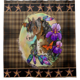 Paint Horse Mustang mit Iris und Schmetterlingen Duschvorhang