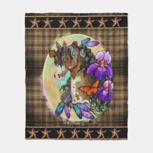 Paint Horse Mustang mit Iris und Schmetterlingen Fleecedecke