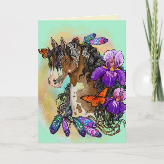 Paint Horse Mustang mit Iris und Schmetterlingen Karte (Vorderseite)