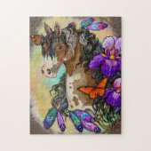 Paint Horse Mustang mit Iris und Schmetterlingen Puzzle (Vertikal)