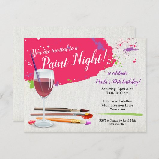Paint Night, Paint and Side Wine Glass Leinwand Pa Einladung (Vorne/Hinten)