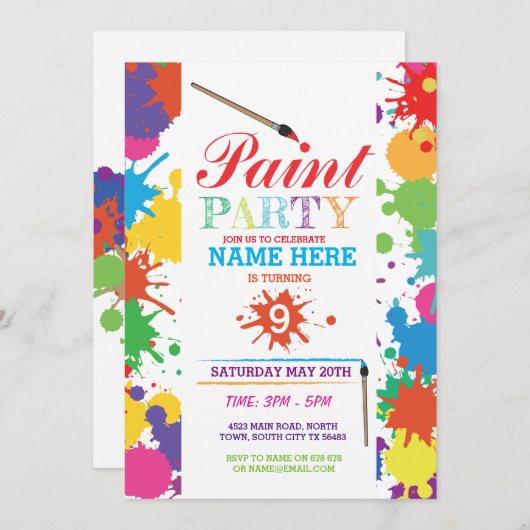 PAINT PARTY INVITE KINDER NEON FUN ART INK BIRTHDA EINLADUNG (Vorne/Hinten)
