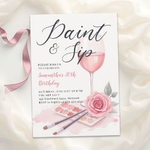 Paint Sip Weinparty Blush Rosa Rose 30. Geburtstag Einladung