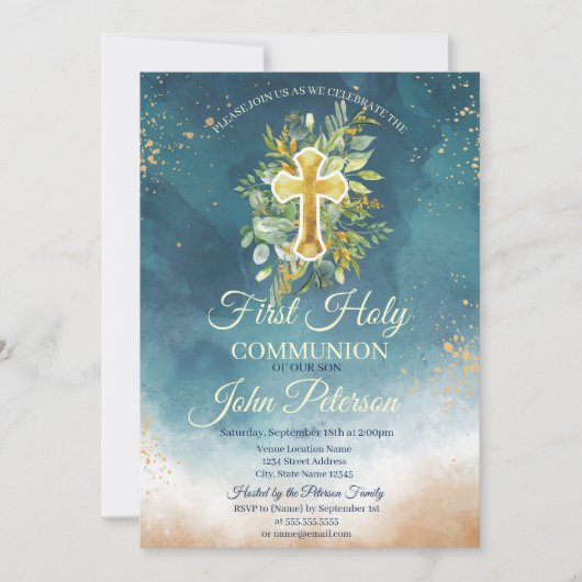 Paint Splash Blumenkreuz Erste Heilige Kommune Einladung (Vorderseite)
