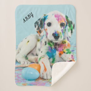 PAINT SPLATTERED PUPPY BLANKET. SHERPADECKE