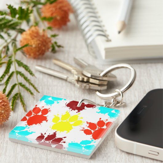 Paint Spritzer Dog Paw Print Pattern Schlüsselanhänger (Vorderseite rechts)