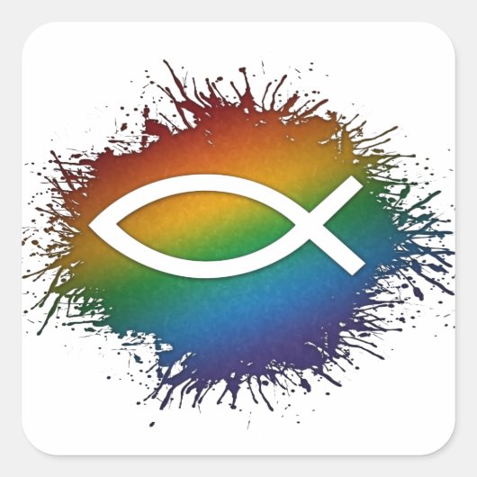 Paint Spritzer LGBTQ Pride Rainbow Christlich Fisc Quadratischer Aufkleber (Vorderseite)