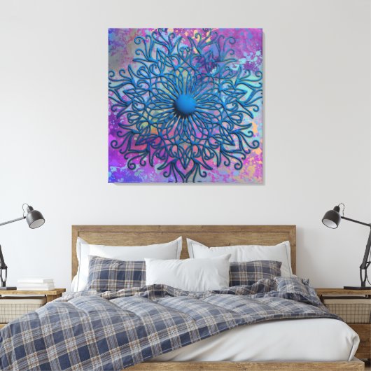 Paint Spritzers auf Blue Embossed Mandala Blume Leinwanddruck (Insitu (Schlafzimmer))
