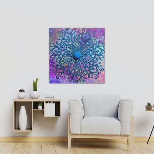 Paint Spritzers auf Blue Embossed Mandala Blume Leinwanddruck