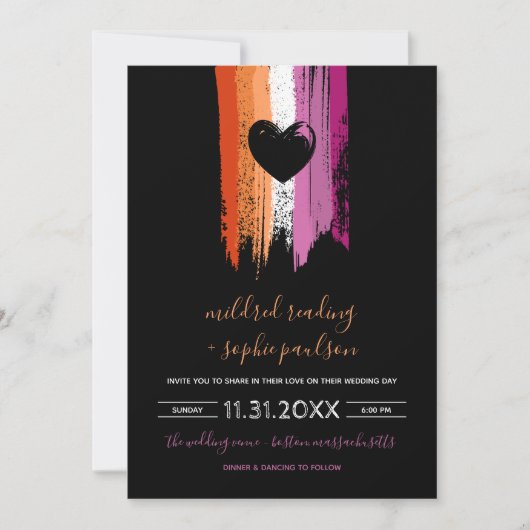 Paint Strokes Lesbian Flag & Black Heart Wedding Einladung (Vorderseite)