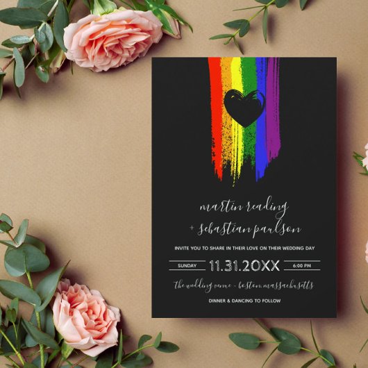 Paint Strokes Pride Flag & Black Heart Wedding Einladung