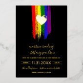 Paint Strokes Pride Flag & Gold Heart Wedding Folieneinladung (Vorderseite)