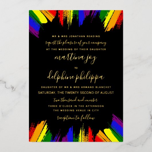 Paint Strokes Pride Flag Schwarze formale LGBT Hoc Folieneinladung (Vorderseite)