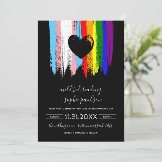 Paint Strokes Trans Pride Rainbow Wedding Einladung (Stehend Vorderseite)