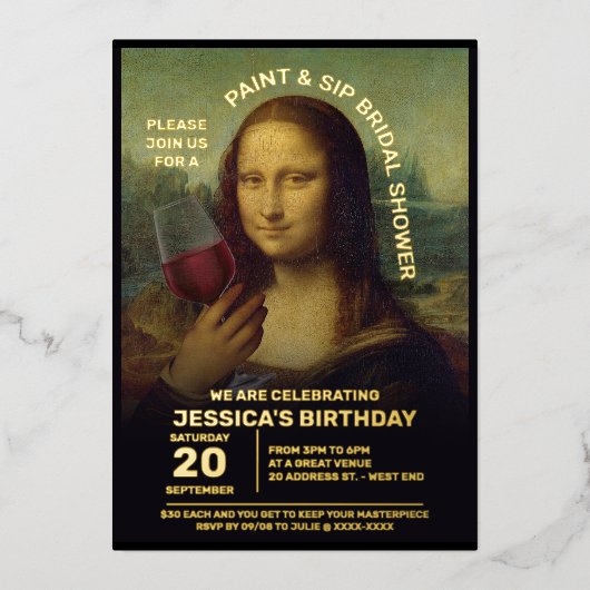 Paint und Sip Brautparty Folieneinladung (Vorderseite)