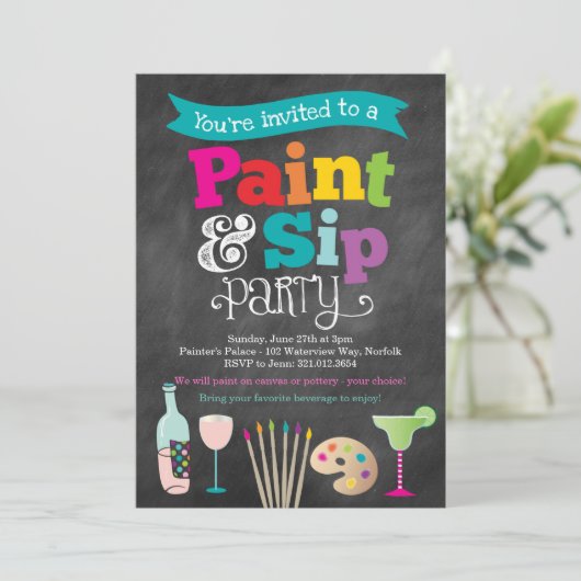 Paint- und Sip-Malerei und Party Einladung (Stehend Vorderseite)
