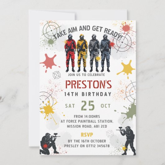 Paintball Birthday Invitation Take Aim & Get Ready Einladung (Vorderseite)