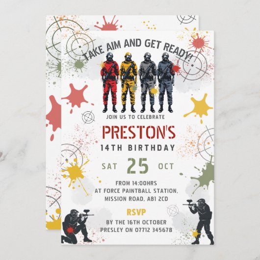 Paintball Birthday Invitation Take Aim & Get Ready Einladung (Vorne/Hinten)