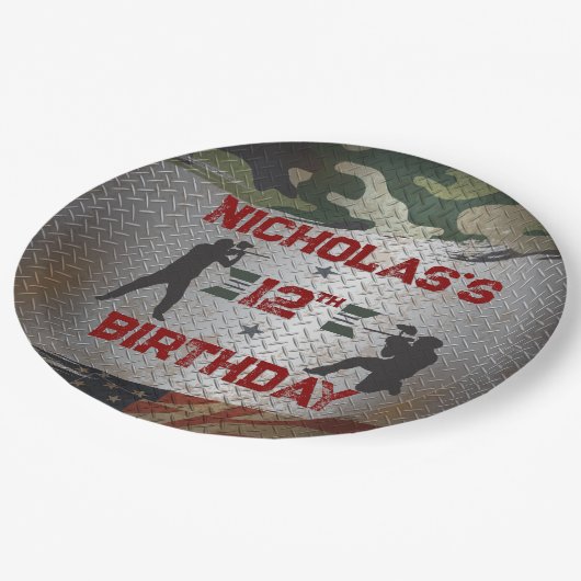 Paintball Birthday Party Militärische Camouflage U Pappteller (Schrägansicht)