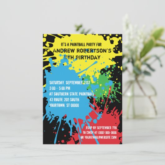 Paintball Platsche Party Einladung (Stehend Vorderseite)