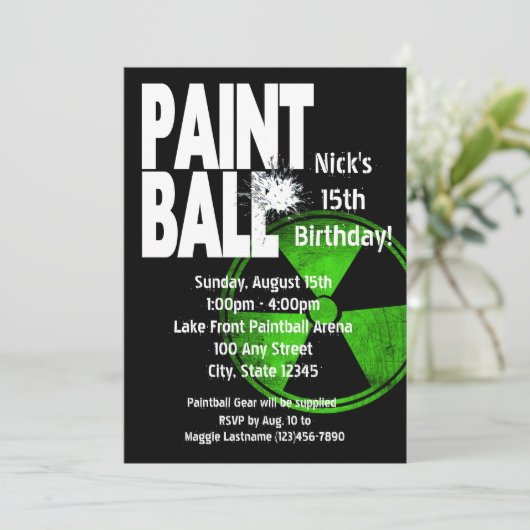 Paintball Radio Active Geburtstag Einladung (Stehend Vorderseite)