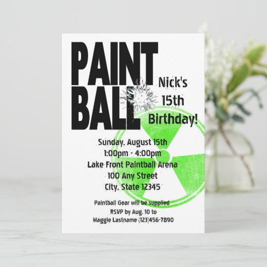 Paintball Radio Active Geburtstag Einladung (Stehend Vorderseite)