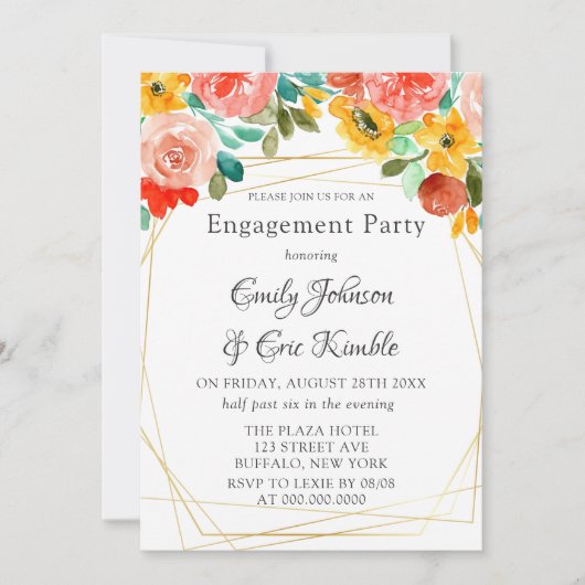 Painted Aquamarin Yellow Orange Peony Engagement P Einladung (Vorderseite)