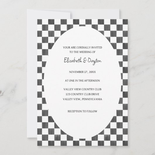 Painted Black and White Check Pattern Wedding Einladung (Vorderseite)