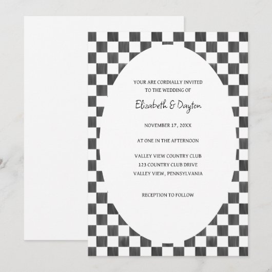 Painted Black and White Check Pattern Wedding Einladung (Vorne/Hinten)