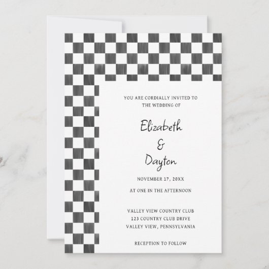 Painted Black and White Check Pattern Wedding Einladung (Vorderseite)