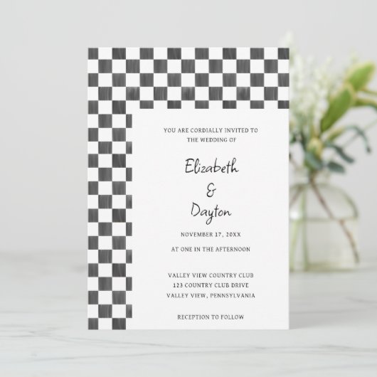 Painted Black and White Check Pattern Wedding Einladung (Stehend Vorderseite)