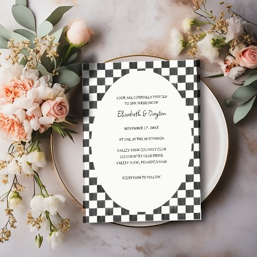 Painted Black and White Check Pattern Wedding Einladung