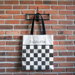 Painted Black Checkerboard Pattern Personalized Tasche<br><div class="desc">This tote bag has a fun pattern of painted black squares and plain white squares arranged in a checkerboard print. There's a spot at the top of the bag for adding a name or your own custom message in black script lettering.</div>