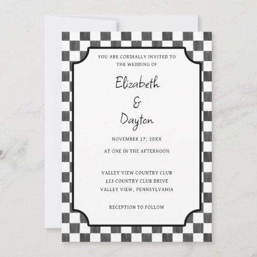 Painted Black Checkerboard Pattern Wedding Einladung (Vorderseite)