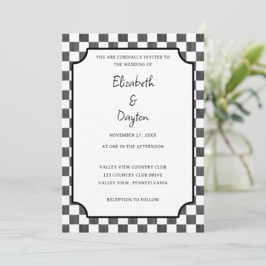 Painted Black Checkerboard Pattern Wedding Einladung (Stehend Vorderseite)
