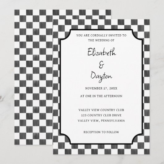 Painted Black Checkerboard Pattern Wedding Einladung (Vorne/Hinten)