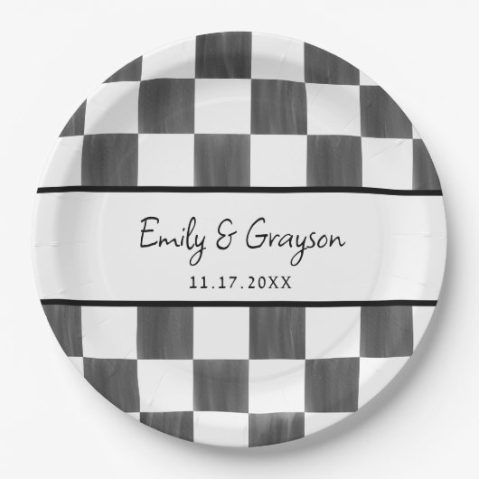 Painted Black Checkerboard Pattern Wedding Pappteller (Vorderseite)